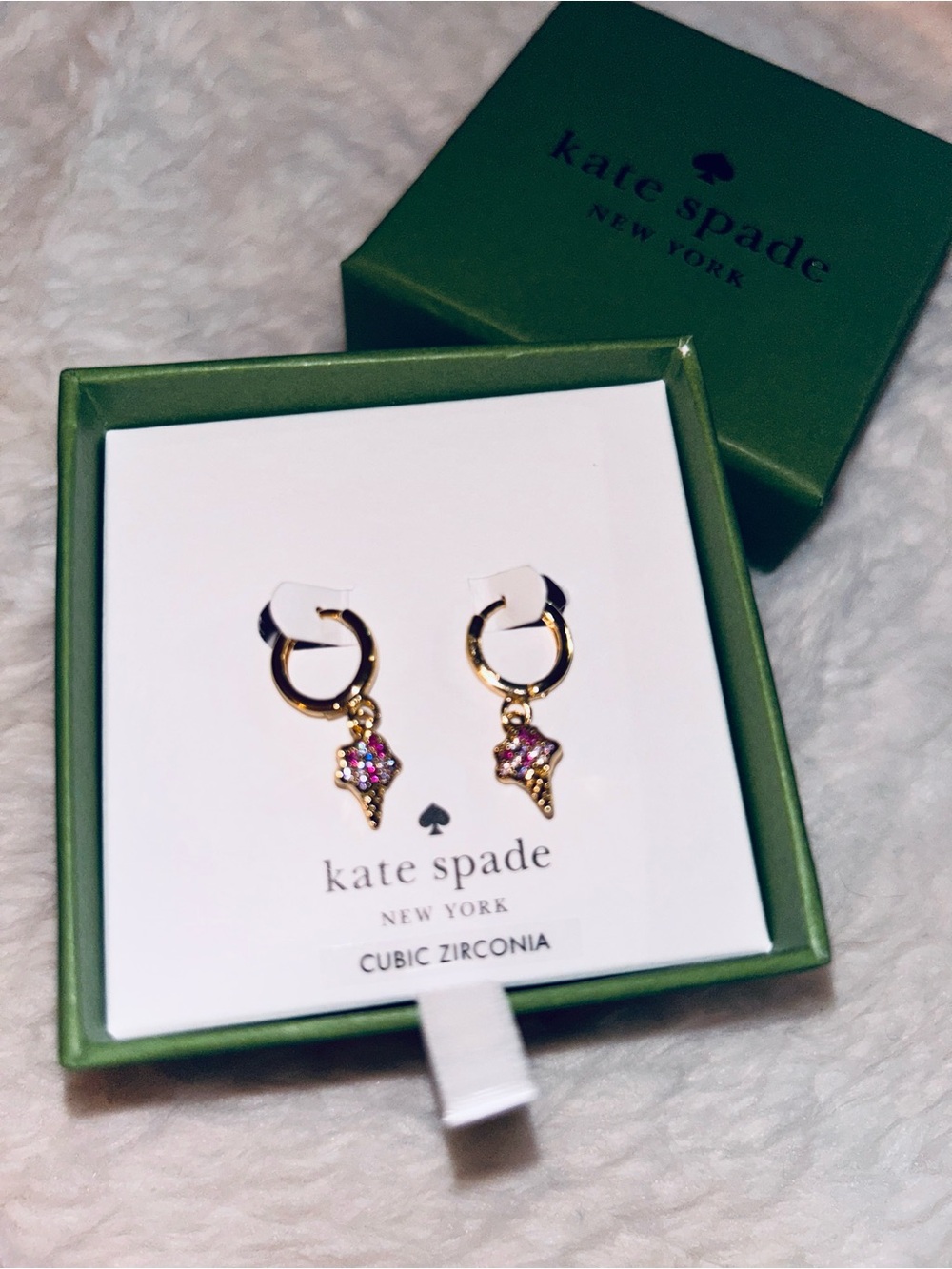 Kate Spade Gold Hoop summer Earrings with sprinkled Ice Cream Cone Charms